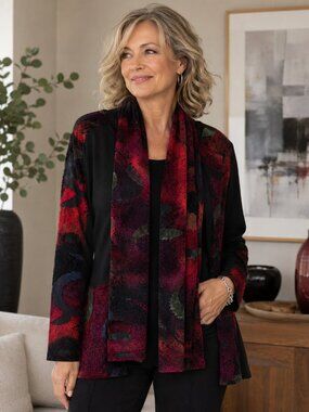 NWT Artistic Abstract Black Red Textured Top & Scarf Set Size XL